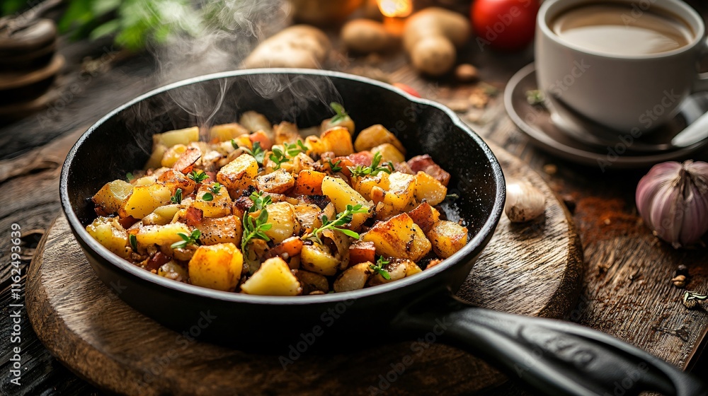 Ham and potato hash in a cast-iron skillet, isolated on a breakfast-themed background with a steaming cup of coffee Ham and potato hash in a cast-iron skillet, isolated on a breakfast-themed background with a steaming cup of coffee