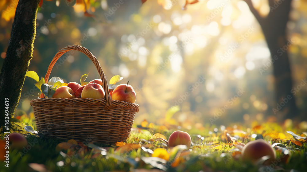 Basket of Ripe Apples in Autumn Garden Basket of Ripe Apples in Autumn Garden