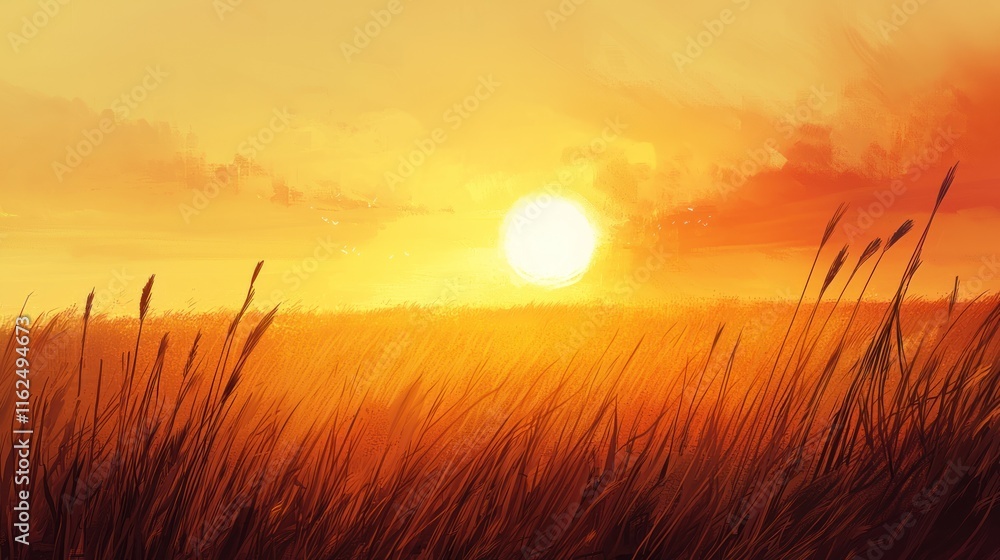 Fototapeta premium Golden Sunset Over a Field of Tall Grass