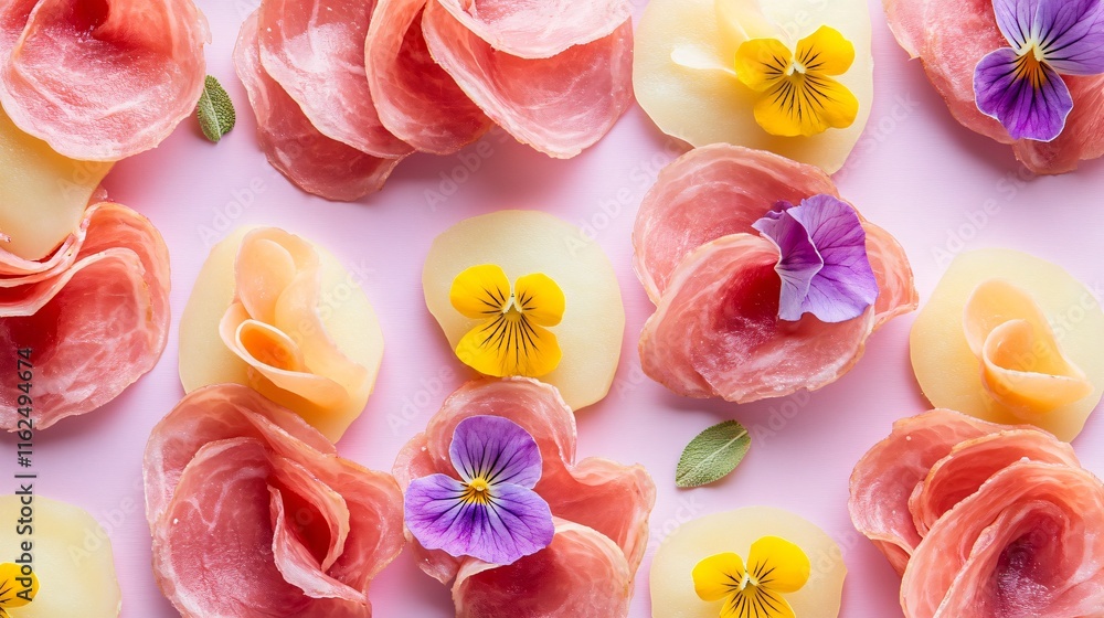 Ham and potatoes shaped into a flower pattern, isolated on a soft lavender background with edible flowers as garnish Ham and potatoes shaped into a flower pattern, isolated on a soft lavender background with edible flowers as garnish
