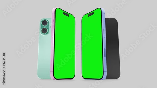 Smartphone with a blank green screen on a white background. Mobile mockup video on a green background.