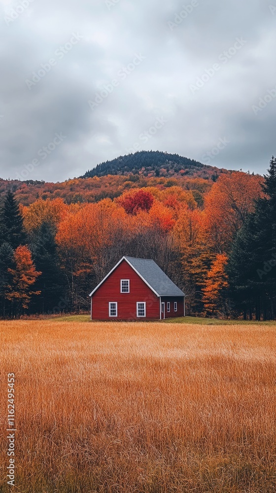 Beautiful red house in autumn landscape with colorful trees and mountains mobile wallpaper 4K Beautiful red house in autumn landscape with colorful trees and mountains mobile wallpaper 4K
