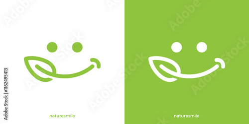 Simple Nature Smile Logo. Tree Leaf and Smile Face Icon Graphic. Organic Smile Logo Design Template.