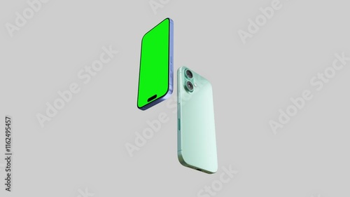 Smartphone with a blank green screen on a white background. Mobile mockup video on a green background.
