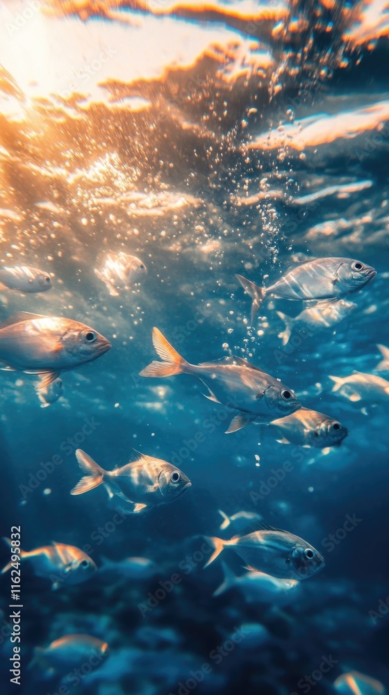 Fototapeta premium Underwater school of fish swimming in clear blue water with sunlight filtering through the surface mobile wallpaper 4K