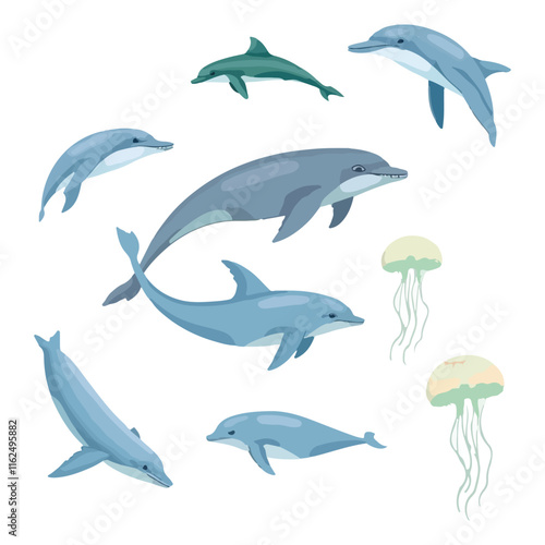 A collection of vector illustrations of sea animals, including whales, dolphins, and jellyfish, isolated on a white background