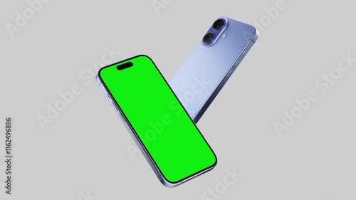 Smartphone with a blank green screen on a white background. Mobile mockup video on a green background.