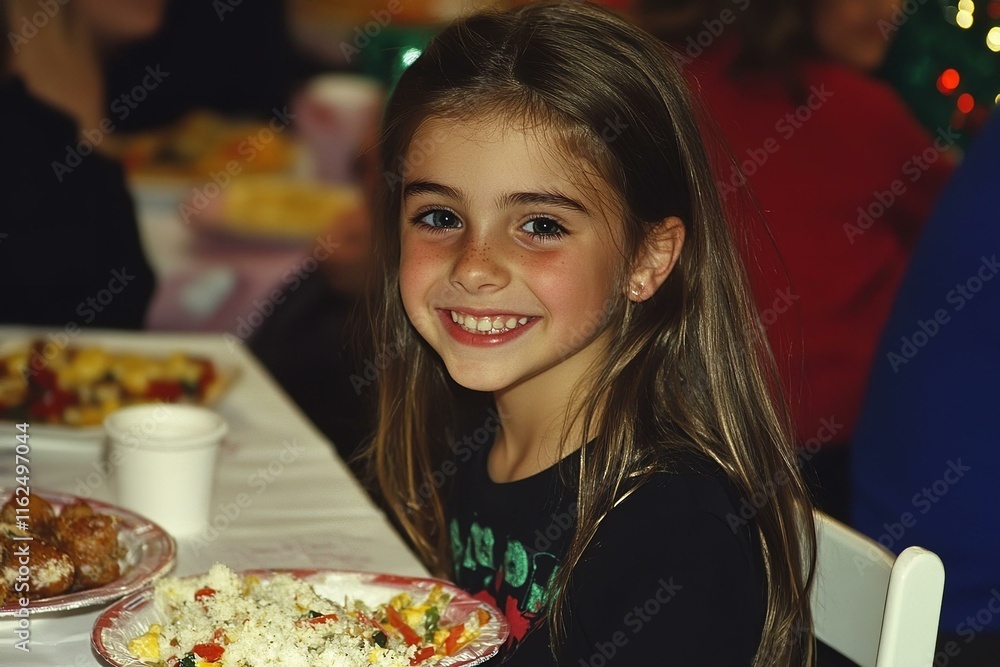Young girl at party sitting at table with food smiling Young girl at party sitting at table with food smiling