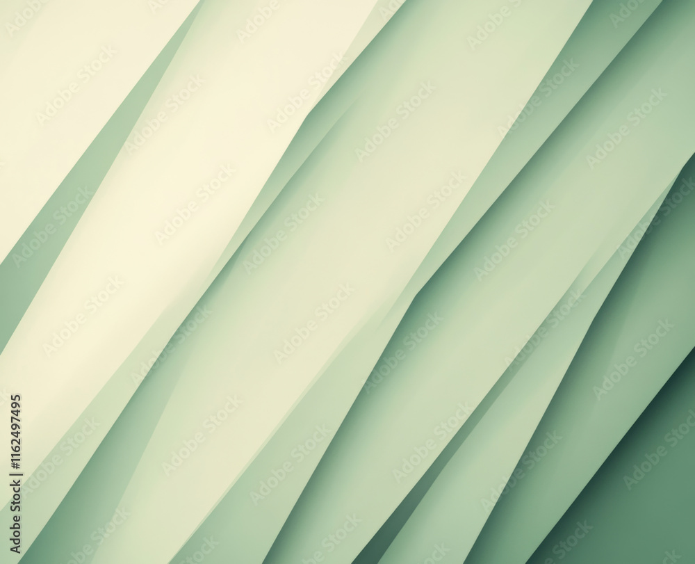 Obraz premium Subdued moss green and ivory abstract pattern background. Geometric shape. Line stripe angle facet triangle fold. Color gradient. Noise grain. Business, tech. Design. Minimal