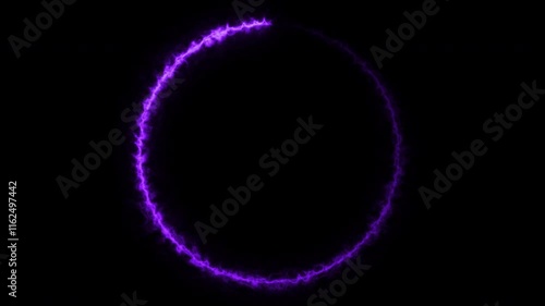 Rotating neon light circle of purple energy isolated on black background