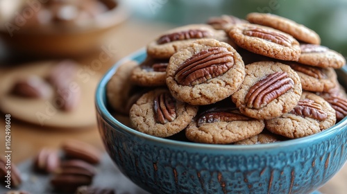 Classic pecan sandies cookies stacked in a decorative blue ceramic bowl, featuring golden brown textures, whole pecan toppings, and a warm rustic kitchen background. photo