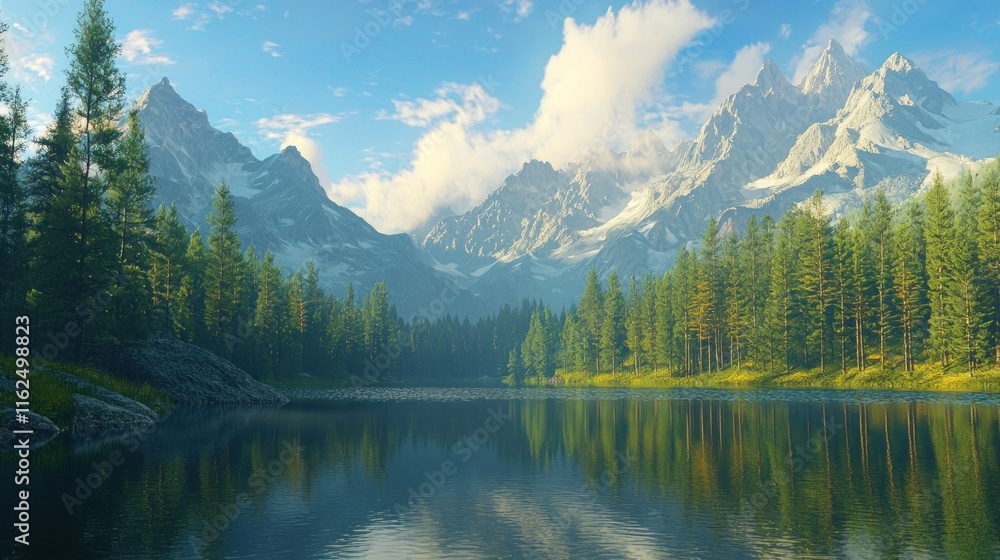 Serene mountain lake reflecting majestic peaks and lush forest Serene mountain lake reflecting majestic peaks and lush forest