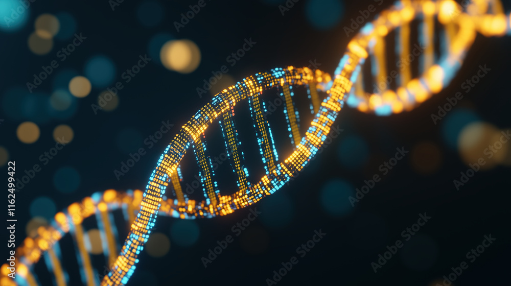 DNA structure with blue and gold lights on dark background. Biotechnology science concept DNA structure with blue and gold lights on dark background. Biotechnology science concept