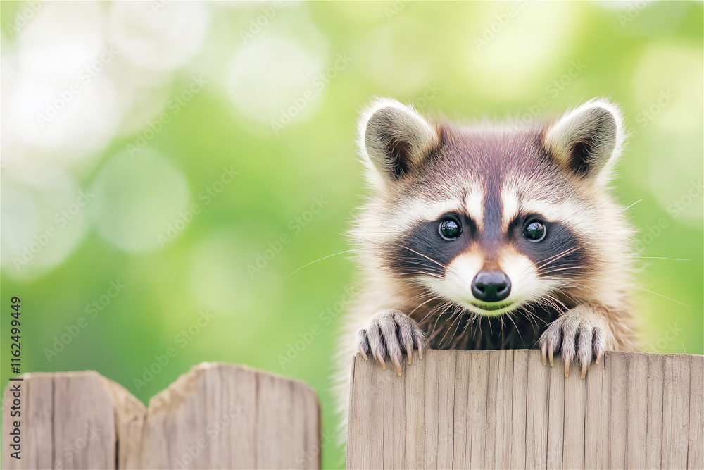 Obraz premium A curious raccoon peeking over a wooden fence with a blurred natural background, capturing the essence of wildlife and curiosity. Ideal for nature themes.