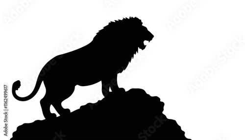 Silhouette of a roaring lion on rocky outcrop