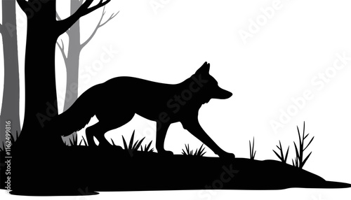 Silhouette of a wolf walking in a forest