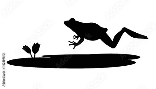 Leaping frog silhouette above water with lily pads
