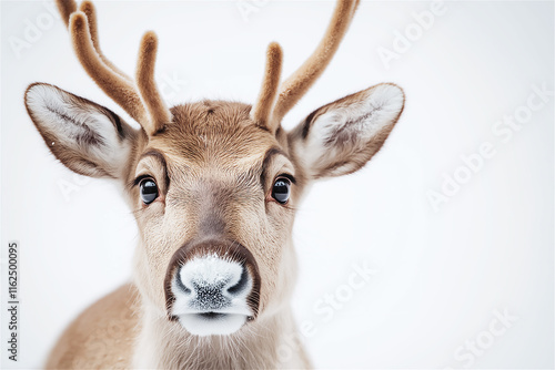 Close-up of a reindeer with antlers and a neutral background, evoking themes of winter, wildlife, and the Christmas season. photo