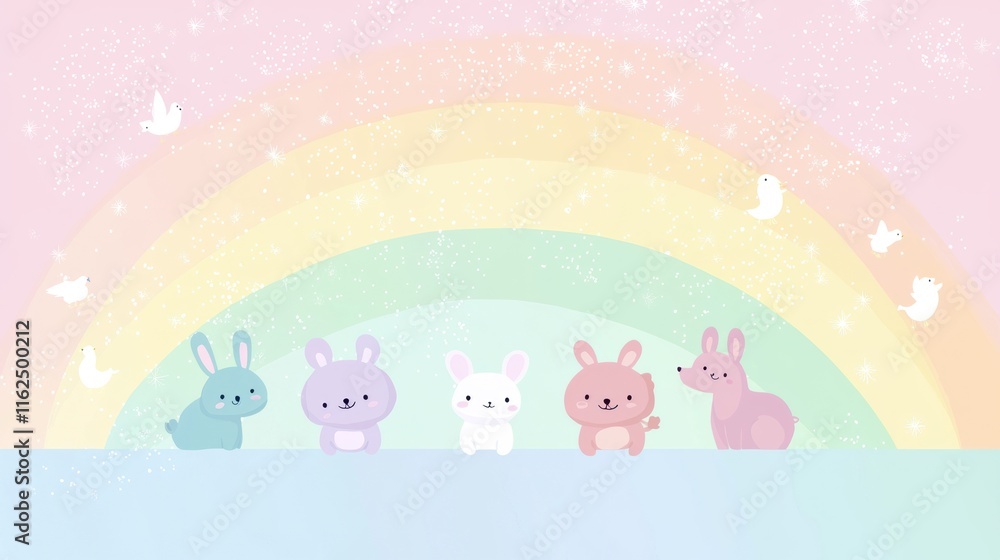 Pastel Rabbits and Birds Beneath a Rainbow Pastel Rabbits and Birds Beneath a Rainbow