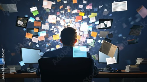 Exploring digital creativity and innovation in a dynamic workspace filled with vibrant ideas and technology. A person is immersed in a creative environment, surrounded by floating digital elements