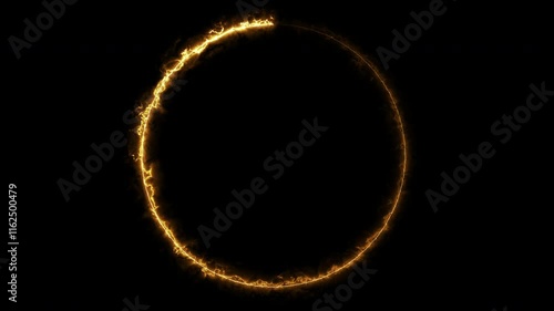 Rotating neon light circle of yellow energy isolated on black background
