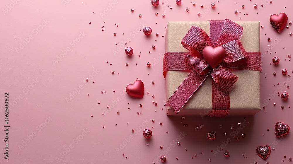 A gift box adorned with a red ribbon and hearts, set against a pink background. A gift box adorned with a red ribbon and hearts, set against a pink background.
