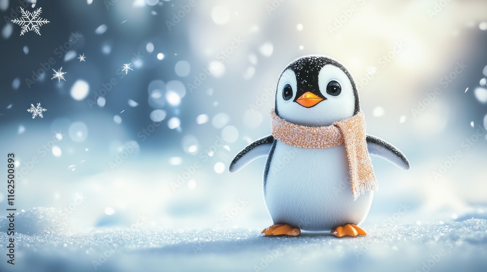 Adorable Penguin Wearing Scarf in Snowy Winter Scene Adorable Penguin Wearing Scarf in Snowy Winter Scene