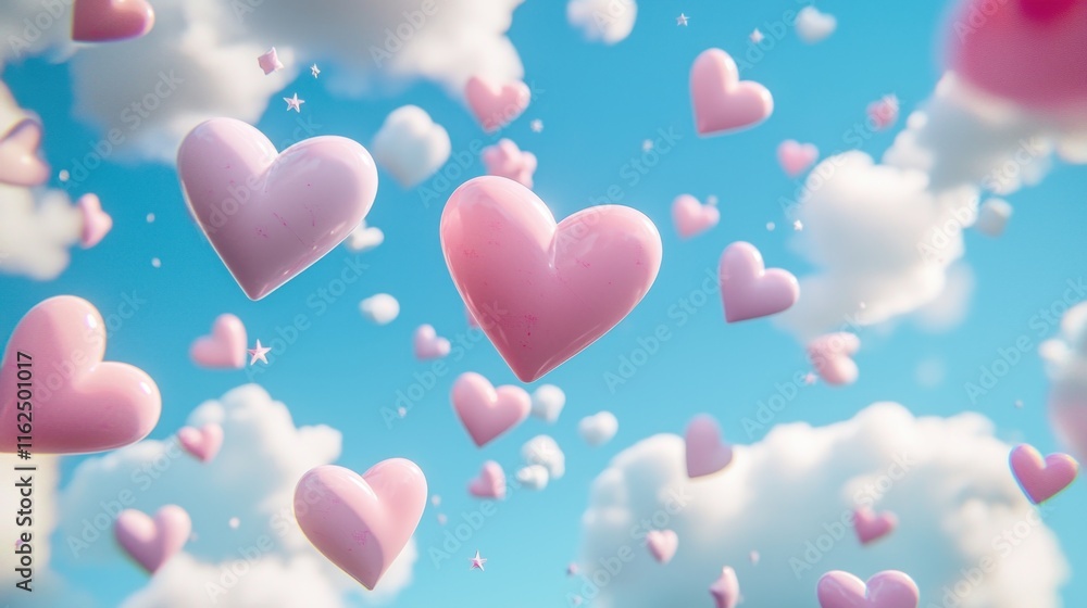 Pink Hearts Floating Amongst Fluffy Clouds In A Blue Sky Pink Hearts Floating Amongst Fluffy Clouds In A Blue Sky