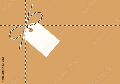 Flat kraft background, gift tied up with cotton black rope bakers twine bow and ribbons with blank white paper tag. Packing string for present, pastry box for New Year, birthday. Vector EPS10