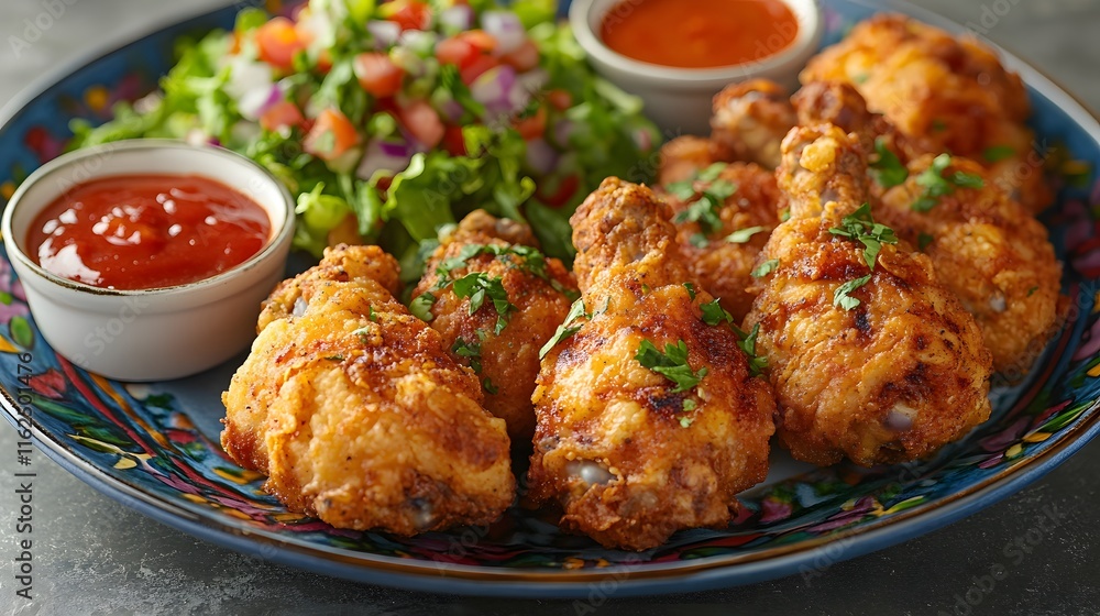 Vibrant Feast: Fried Chicken with Colorful Dipping Sauces and a Refreshing Salad Vibrant Feast: Fried Chicken with Colorful Dipping Sauces and a Refreshing Salad