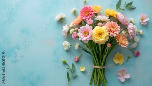 Wallpaper Mural A colorful bouquet of pink, peach, yellow, and white flowers tied with twine on a blue background. March 8 Women's Day Concept Torontodigital.ca