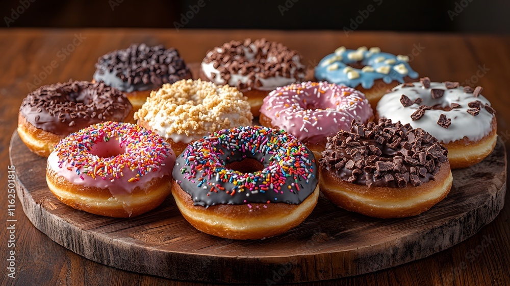 A Vibrant Array of Colorful Doughnuts Perfectly Displayed on a Rustic Wooden Table A Vibrant Array of Colorful Doughnuts Perfectly Displayed on a Rustic Wooden Table
