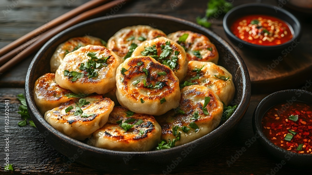 A Beautifully Crafted Bowl of Dumplings Surrounded by Dipping Sauces Capturing the Essence of Asian Culinary Art A Beautifully Crafted Bowl of Dumplings Surrounded by Dipping Sauces Capturing the Essence of Asian Culinary Art