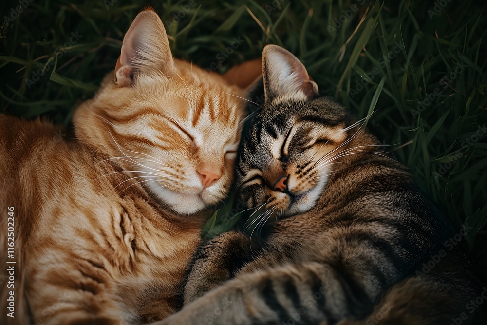 A photo of two cats cuddling together, one orange and the other brown with black stripes, lying on grass in an outdoor setting A photo of two cats cuddling together, one orange and the other brown with black stripes, lying on grass in an outdoor setting