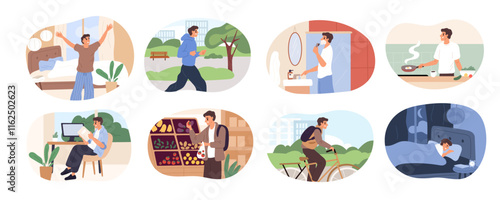 Everyday man routine. Daily guy life activities. Young male day regimen. Supermarket shopping. Leisure and work. Walking in park. Dinner food cooking. Time management. Garish vector set