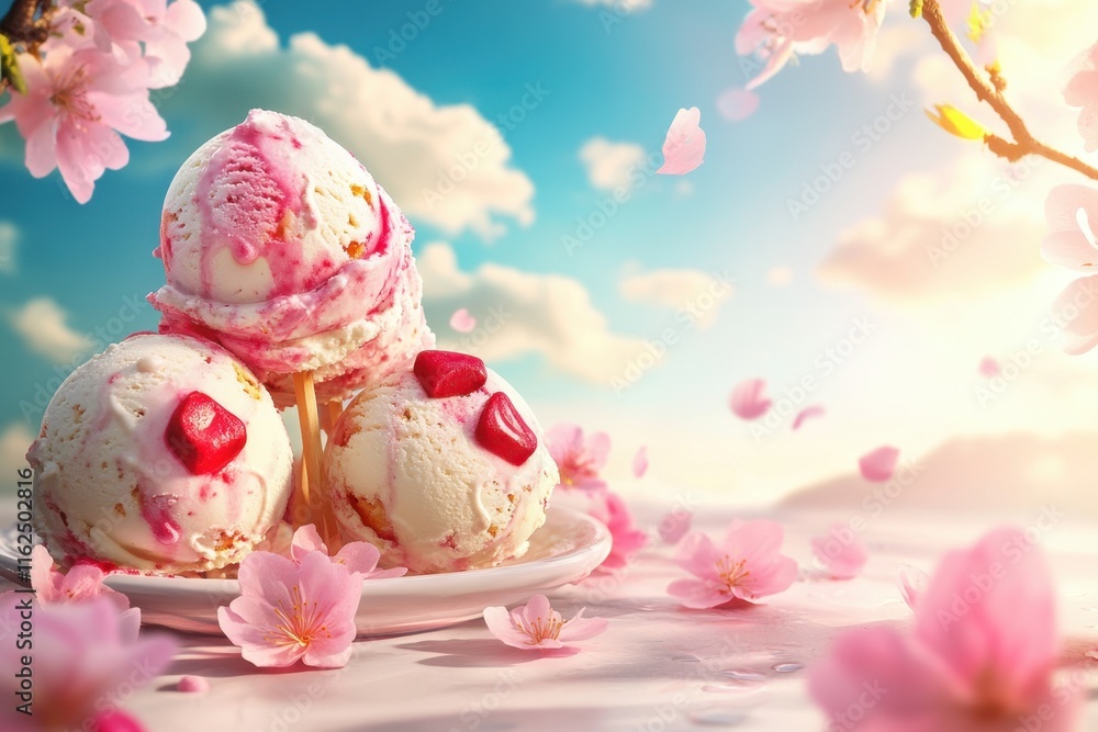 Sweet ice cream topped with strawberry slices surrounded by cherry blossoms in bright sunlight Sweet ice cream topped with strawberry slices surrounded by cherry blossoms in bright sunlight