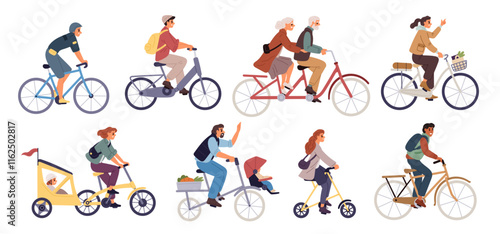 Citizens on bicycles. People ride different bikes. Green transport. Women on bikes. Men baking in park. Elderly couple on tandem. Stroller trailer. Garish vector happy bicyclists set