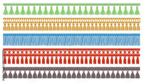 Cartoon seamless fringe borders. Tassel garlands. Textiles decoration. Fabric ornament. Thread brushes. Sewing accessories. Macrame rope trinkets. Cord embellishment. Splendid vector set