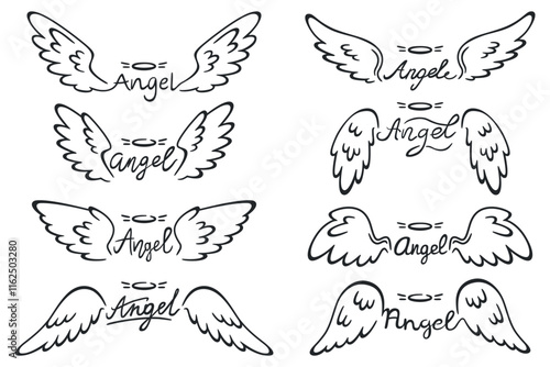 Angel wings emblems. Elegant lettering. Hand drawn angelic inscriptions. Heavenly holy elements. Nimbo line sketch. Calligraphic text. Celestial saint. Tattoo print. Recent vector set