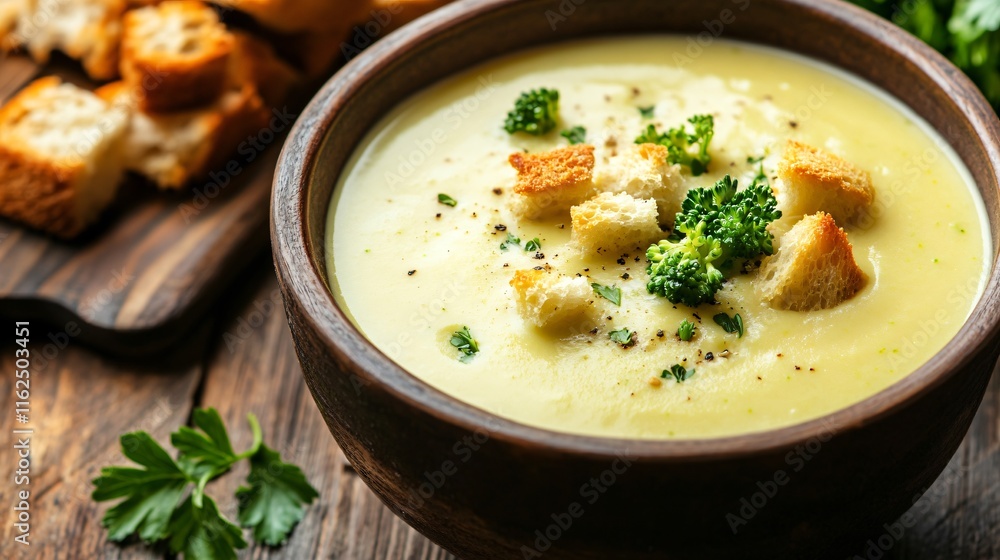 Bread bowl brimming with melted cheddar broccoli soup, isolated on a rustic wooden surface with a small side of croutons and parsley sprigs Bread bowl brimming with melted cheddar broccoli soup, isolated on a rustic wooden surface with a small side of croutons and parsley sprigs