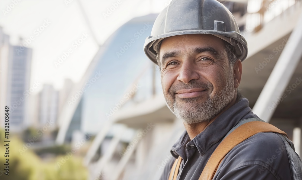 Construction manager in hardhat near modern architecture building. Engineering leadership advertisement Construction manager in hardhat near modern architecture building. Engineering leadership advertisement