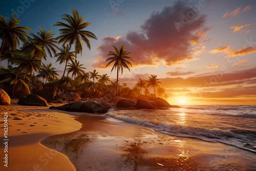 A tropical beach at sunset. The sky is painted in shades of orange and pink with scattered wispy clouds. Gentle waves sweep across the wet sandy beach.