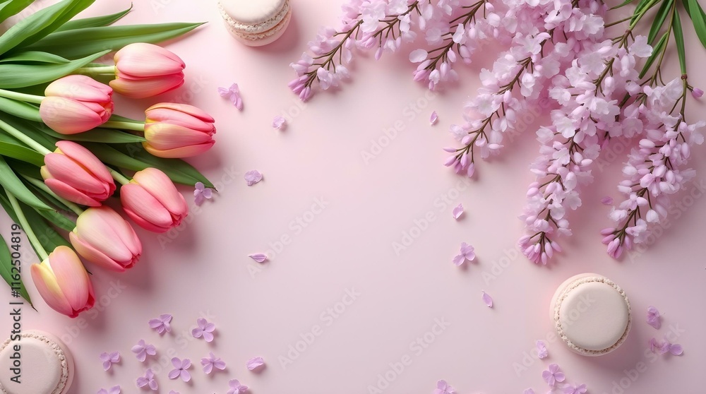 Tulips, lilac blossoms, and macarons are arranged on a marble surface against a pink background, leaving ample copy space, March 8 Women's Day Concept Tulips, lilac blossoms, and macarons are arranged on a marble surface against a pink background, leaving ample copy space, March 8 Women's Day Concept