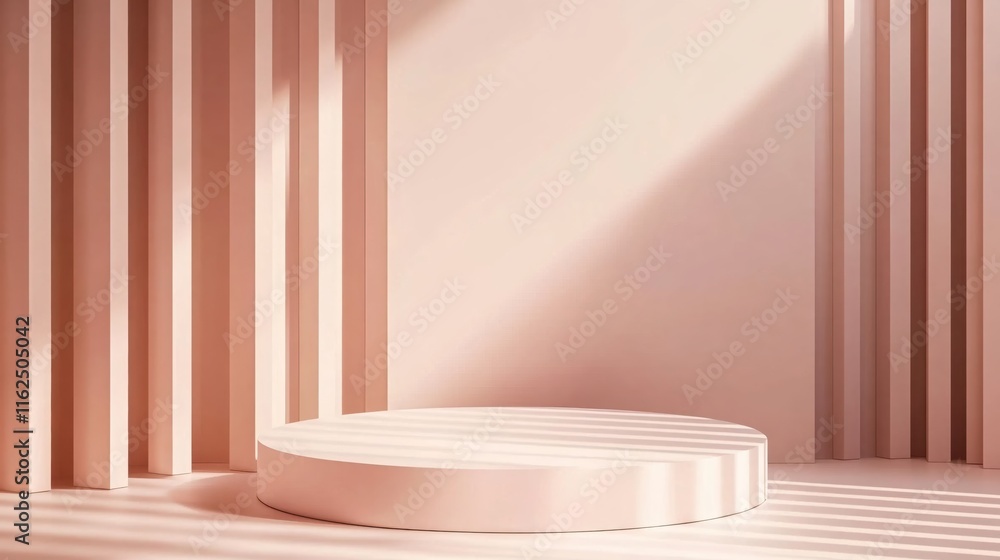 Minimalist Pink Studio Setup with Round Platform and Vertical Stripes on Walls Minimalist Pink Studio Setup with Round Platform and Vertical Stripes on Walls