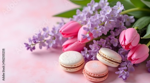 Tulips, lilac blossoms, and macarons are arranged on a marble surface against a pink background, leaving ample copy space, March 8 Women's Day Concept