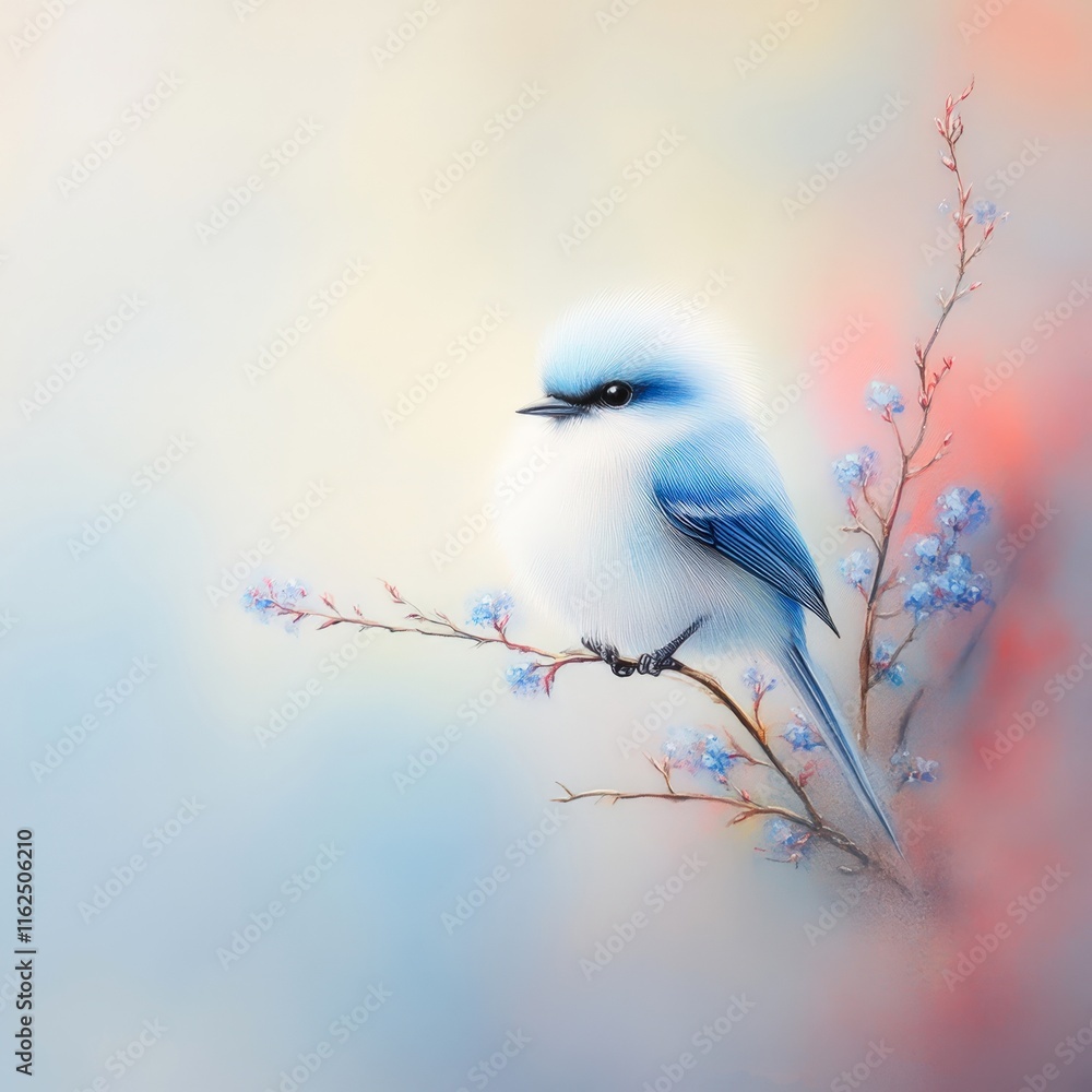 A delicate bird perched on a floral branch, showcasing soft blue and white hues against a gentle, blurred background, Ideal for nature-themed projects, invitations, or calming home decor, A delicate bird perched on a floral branch, showcasing soft blue and white hues against a gentle, blurred background, Ideal for nature-themed projects, invitations, or calming home decor,