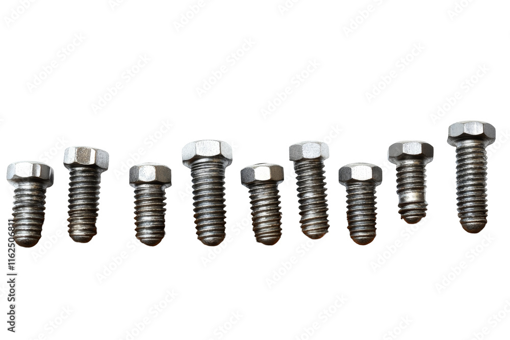 Neatly arranged shiny steel machine bolts on a beautifully textured wooden plank, highlighting their industrial elegance Neatly arranged shiny steel machine bolts on a beautifully textured wooden plank, highlighting their industrial elegance
