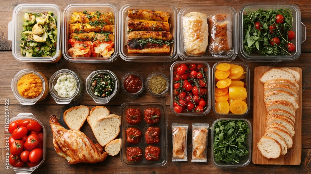 Colorful Array of Fresh and Healthy Meal Prep Containers on Wooden Table Colorful Array of Fresh and Healthy Meal Prep Containers on Wooden Table
