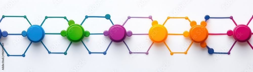 Colorful molecular structure featuring interconnected hexagonal shapes and circular nodes, representing scientific concepts or chemistry. Colorful molecular structure featuring interconnected hexagonal shapes and circular nodes, representing scientific concepts or chemistry.