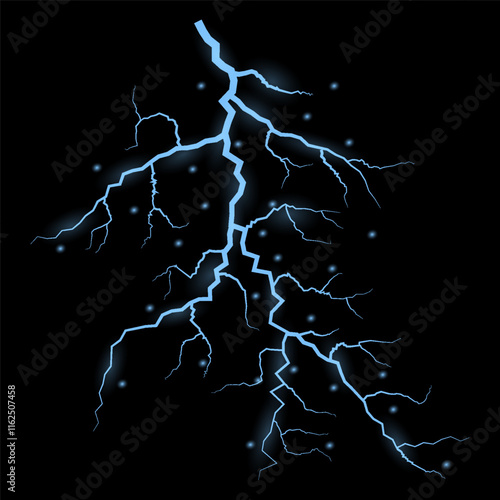 Thunder lightning on dark background. Lightning Thunderstorm Set. Thunderbolt spark. Bright glow and sparkle effect. Realistic transparent lightning. Vector illustration eps10.